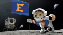 a dog wearing a space suit holds a flag with the letter e on it