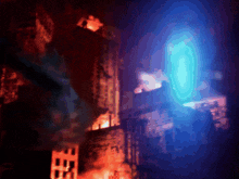 a painting of a burning building with a blue light in the middle