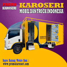 a yellow and white truck with the words karoseri mobil dan truck indonesia