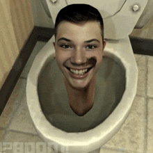 a man 's head is sticking out of a toilet and the word pboon is on the bottom right