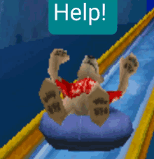 a cartoon of a bear sliding down a water slide with a help button above him