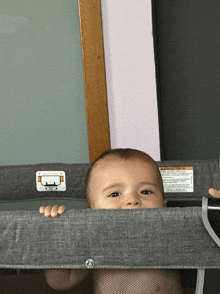 a baby is peeking over a crib with a warning label on it