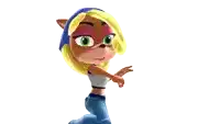 coco from crash bandicoot is wearing a blue scarf around her neck