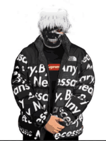 a man wearing a mask and a jacket that says supreme