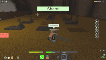 a screenshot of a video game shows a person holding a gun and a shoot button