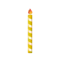 a yellow and white striped birthday candle with a red flame on top