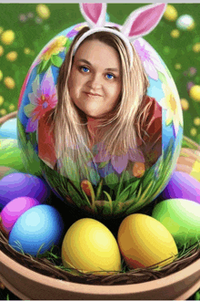 a woman wearing bunny ears is in an easter egg surrounded by eggs