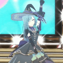 a girl with long blue hair and a witch hat is dancing on a stage .