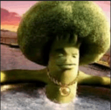 a cartoon character with a broccoli head and a necklace