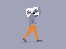 an illustration of a person carrying a book with speakers on it