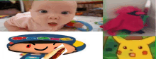 a baby a cartoon character and a pikachu are displayed in a collage