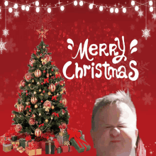 a merry christmas card with a christmas tree and a man