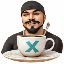 a man with a beard and mustache is holding a cup of coffee with a blue x on it