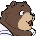 a cartoon drawing of a brown bear wearing a white shirt and smiling .