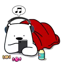 a cartoon of a polar bear wearing headphones and looking at a cell phone .