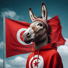 a donkey wearing a red hoodie with a star on it stands in front of two flags