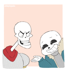 a drawing of two skeletons with the name ohheyimpaola on the bottom