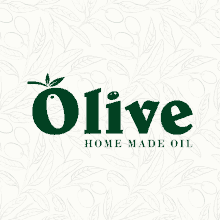 a logo for olive home made oil with olives on the background