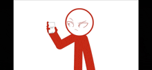 a red stick figure with an angry face is holding up a cell phone