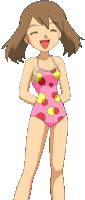 a cartoon girl wearing a pink and yellow polka dot swimsuit