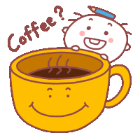 a yellow cup of coffee with a smiley face and the word coffee written above it