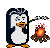 a pixel art of a penguin roasting marshmallows next to a campfire