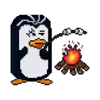 a pixel art of a penguin roasting marshmallows next to a campfire