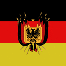 a red yellow and black flag with an eagle and a star