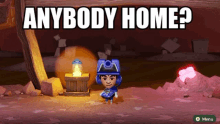 a cartoon character is standing in a cave with the words anybody home written above him .