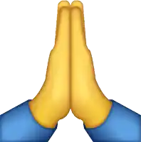 a pair of yellow hands with blue sleeves are folded in prayer