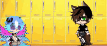 a boy and a girl are standing in front of yellow lockers .