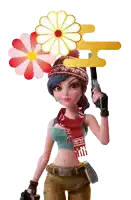 a girl holding a gun with a flower behind her head