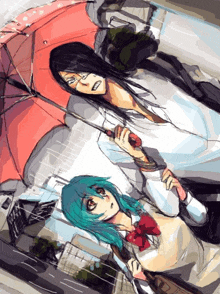 a drawing of a man and a girl holding umbrellas