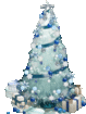 a christmas tree with blue and white decorations and gifts under it .