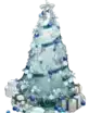 a christmas tree with blue and white decorations and gifts under it .