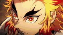 a close up of a person 's face with red eyes and orange hair