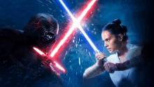 kylo ren and rey are fighting with lightsabers in a painting