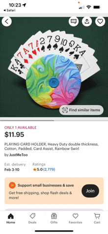 a phone screen shows a playing card holder that is only available for $ 11.95