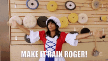 a woman in a red white and blue dress is standing in front of a wall of polishing pads with the words make it rain roger