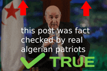 a man in a suit and tie is sitting in front of a flag with two arrows pointing up and the words " this post was fact "