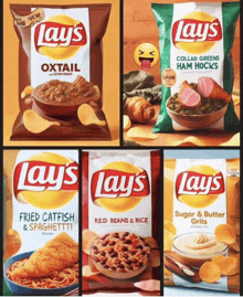 four bags of lay 's chips with different flavors including fried catfish and spaghetti