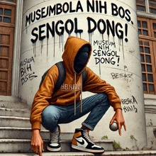 a man in a hoodie is squatting down in front of a wall that says museum nih sengol dong