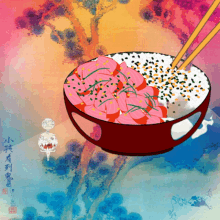 a painting of a bowl of food with chopsticks on it