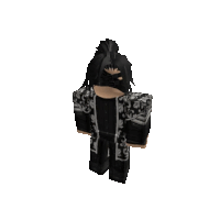 a roblox character with long black hair and a ponytail is wearing a black and silver outfit .