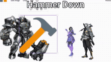 a picture of a robot and a woman with the words " hammer down " above them