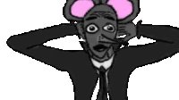 a cartoon drawing of a man in a suit and tie with a rat mask on his face .