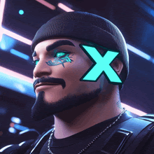 a man with a beard has a neon x on his eye