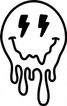 a black and white drawing of a melting smiley face with lightning bolts on its face .