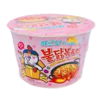 a pink cup of hot chicken flavored noodles with a chicken on top .