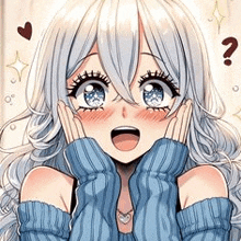 a girl with white hair and blue eyes is wearing a blue sweater and a heart necklace .